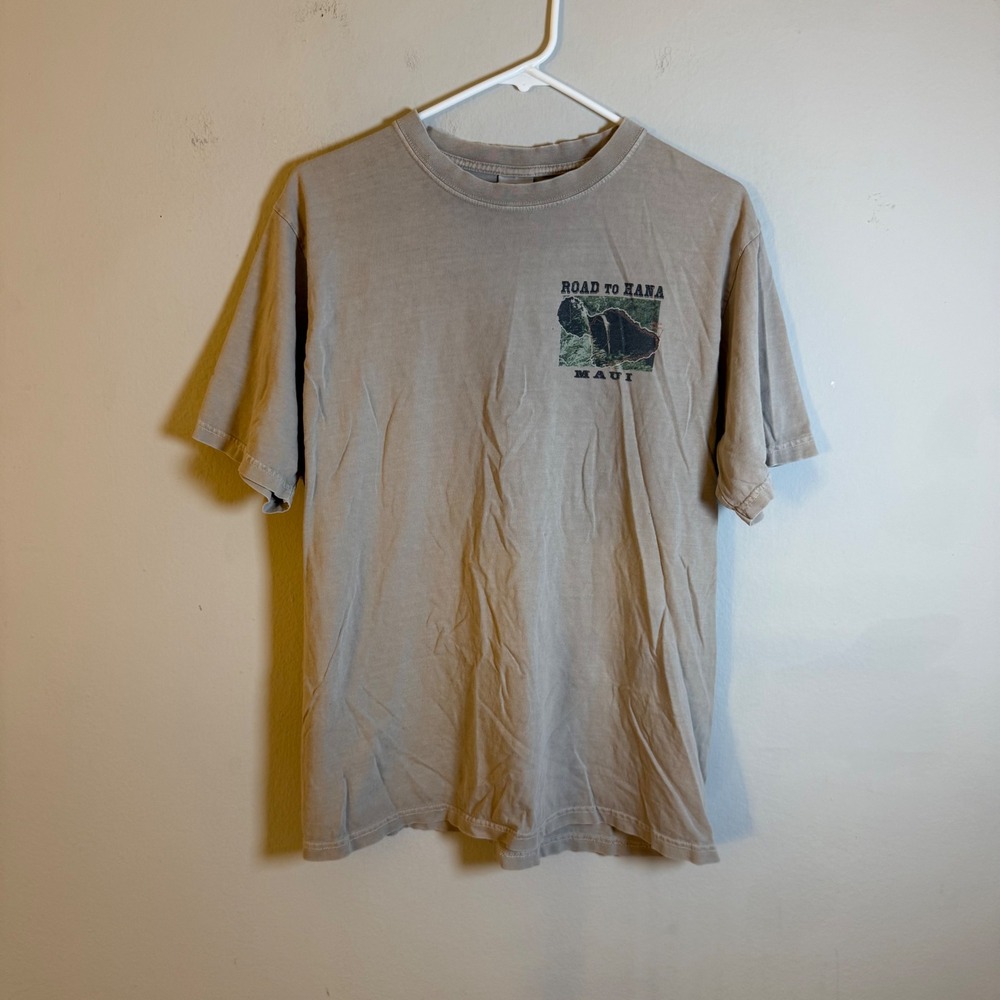 Vintage Road to Hana Maui Kona Coffee Crazy mens Dyed Graphic T-Shirt Tan Medium